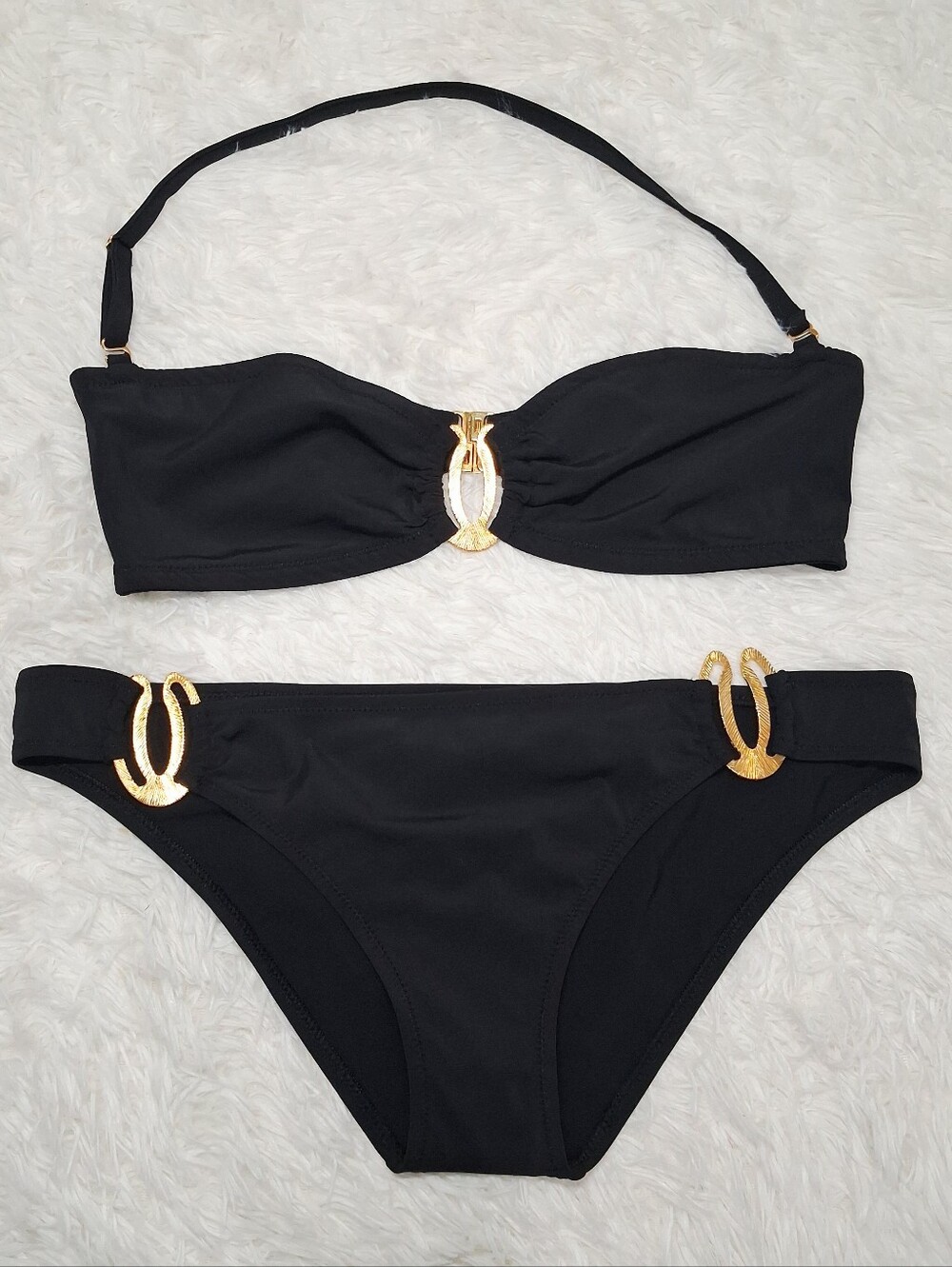 NAILA Black Bandeau Bikini Set Gold Hardware Cutout Halter Two Piece Small